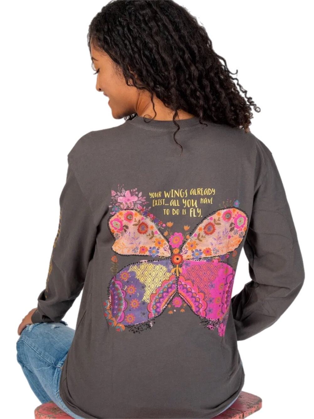 Natural Life Grey Floral Butterfly Wings Exist Fly Long Sleeve T-Shirt Size M